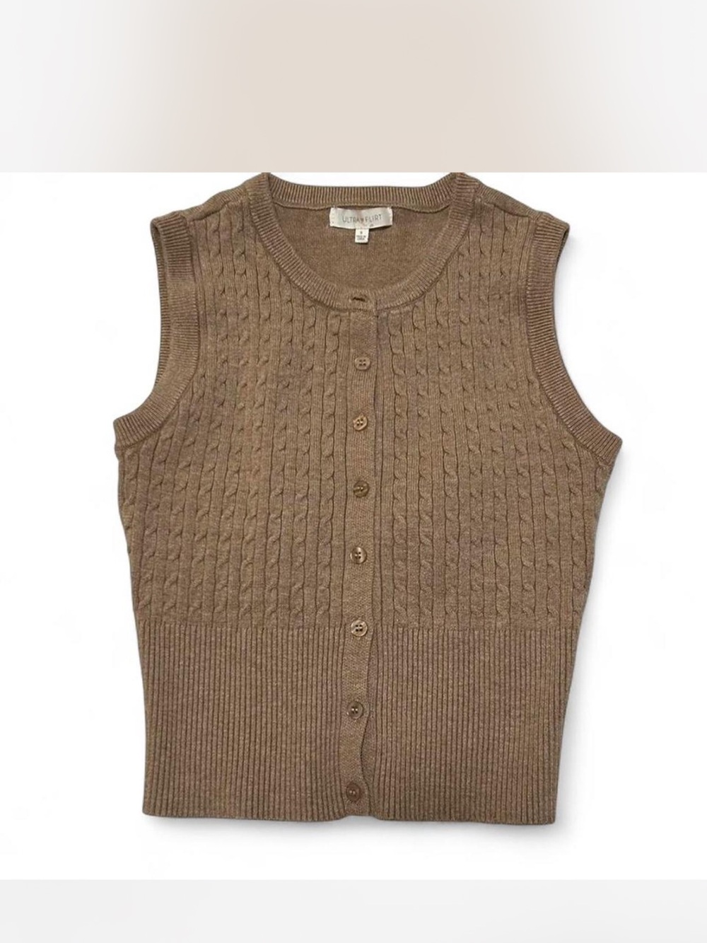 Ultra Flirt Brown Cable Knit Sleeveless Cardigan - Picture 1 of 3